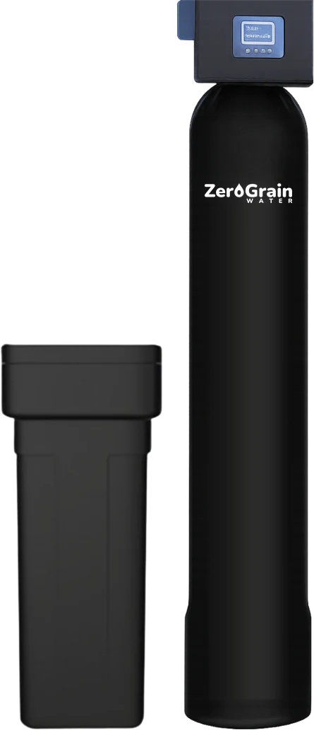Tall black softener tank marked with the ZeroGrain logo and capped by its control head and small display, with the shorter black salt tank on its left